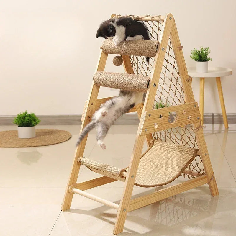 Cat Wooden Triangle Climbing Tree With Hammock - HolyPetz™