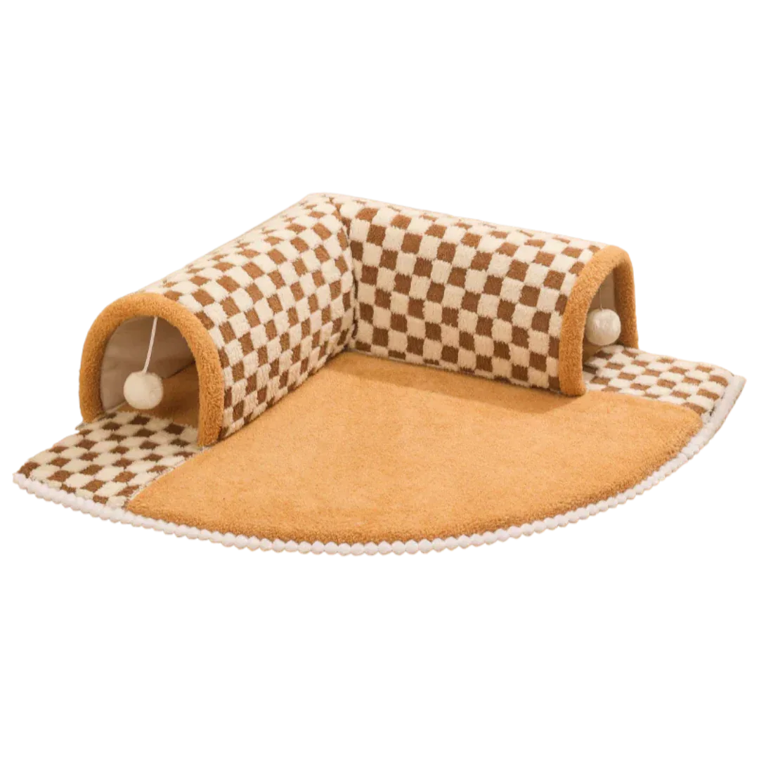 2-in-1 Plush Checkered Cat Tunnel Bed - HolyPetz™