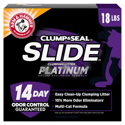 Box of Arm & Hammer Slide Clump & Seal Platinum clumping litter with purple and black design.