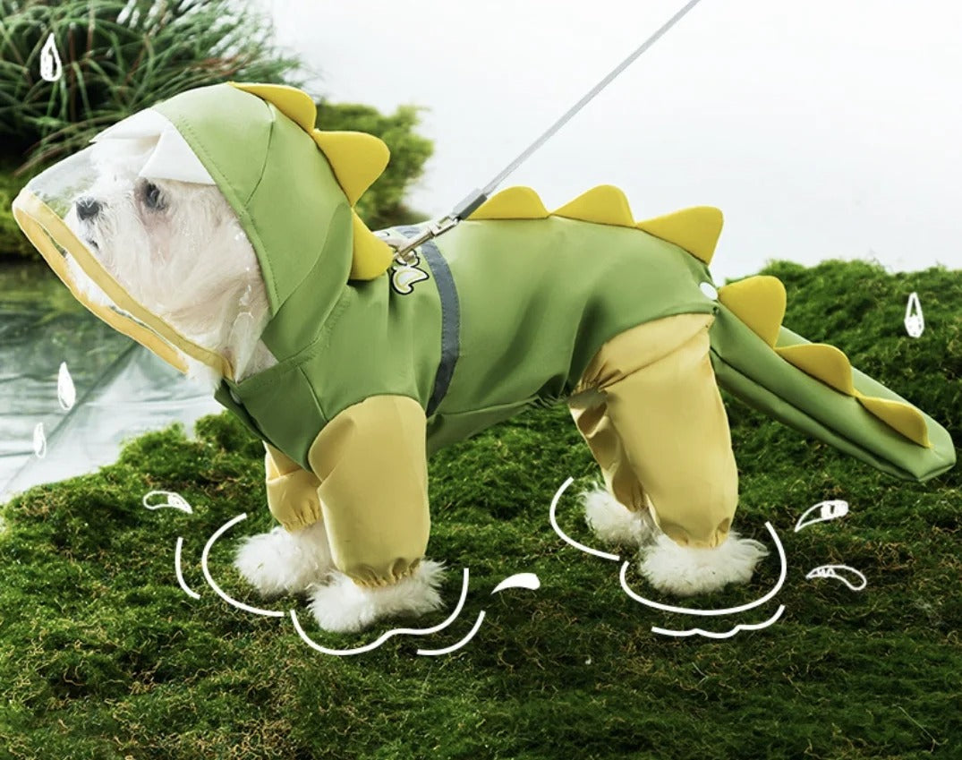 Dog Reflective Dinosaur Hoodie Raincoat & Leash