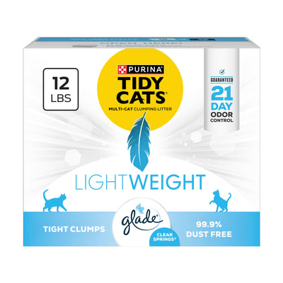 Purina Tidy Cats cat litter packaging with branding and product features.